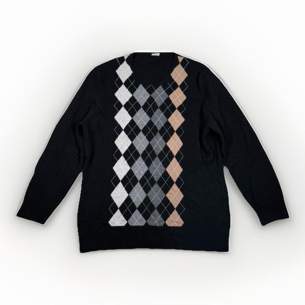 VTG Y2K J Crew Argyle 100% Cashmere Sweater Women's Size XL Black Beige Gray